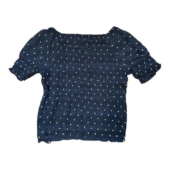 Abercrombie Kids Navy Mini White Polka Dots Short Sleeve Smocked Girls 11/12 NWT - Picture 2 of 5